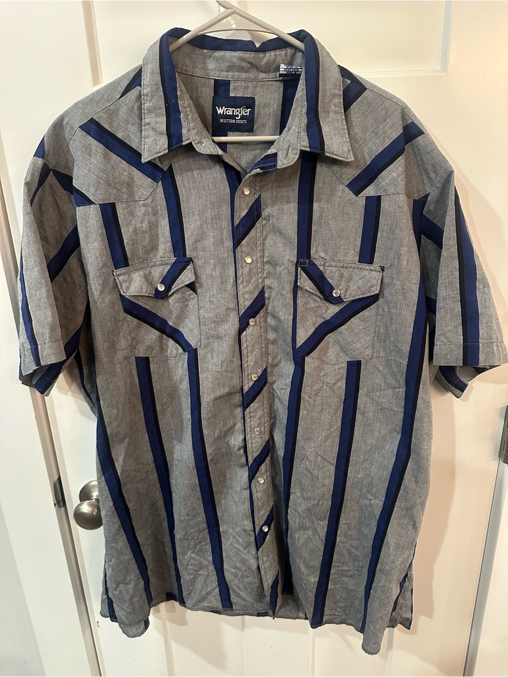 Vintage Wangler Western XXL Short Sleeve Pearl Snap Button Up Gray/blue